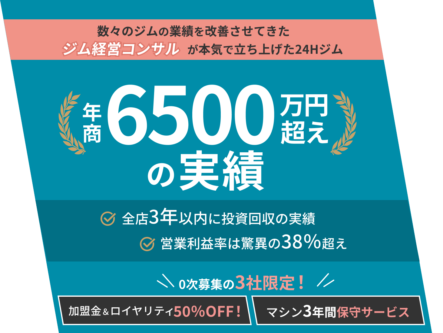 数々のジムの業績を改善させてきたジム経営コンサルが本気で立ち上げた24Hジム 年商6500万円超えの実績 ・全店3年以内に投資回収の実績 ・営業利益率は驚異の38%超え 0次募集の3社限定 加盟店&ロイヤリティ50%off! マシン3年間保守サービス